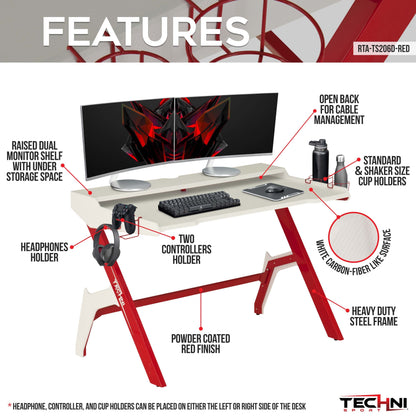 Techni Sport Ergonomic Computer Gaming  Desk Workstation with Cupholder & Headphone Hook, Red