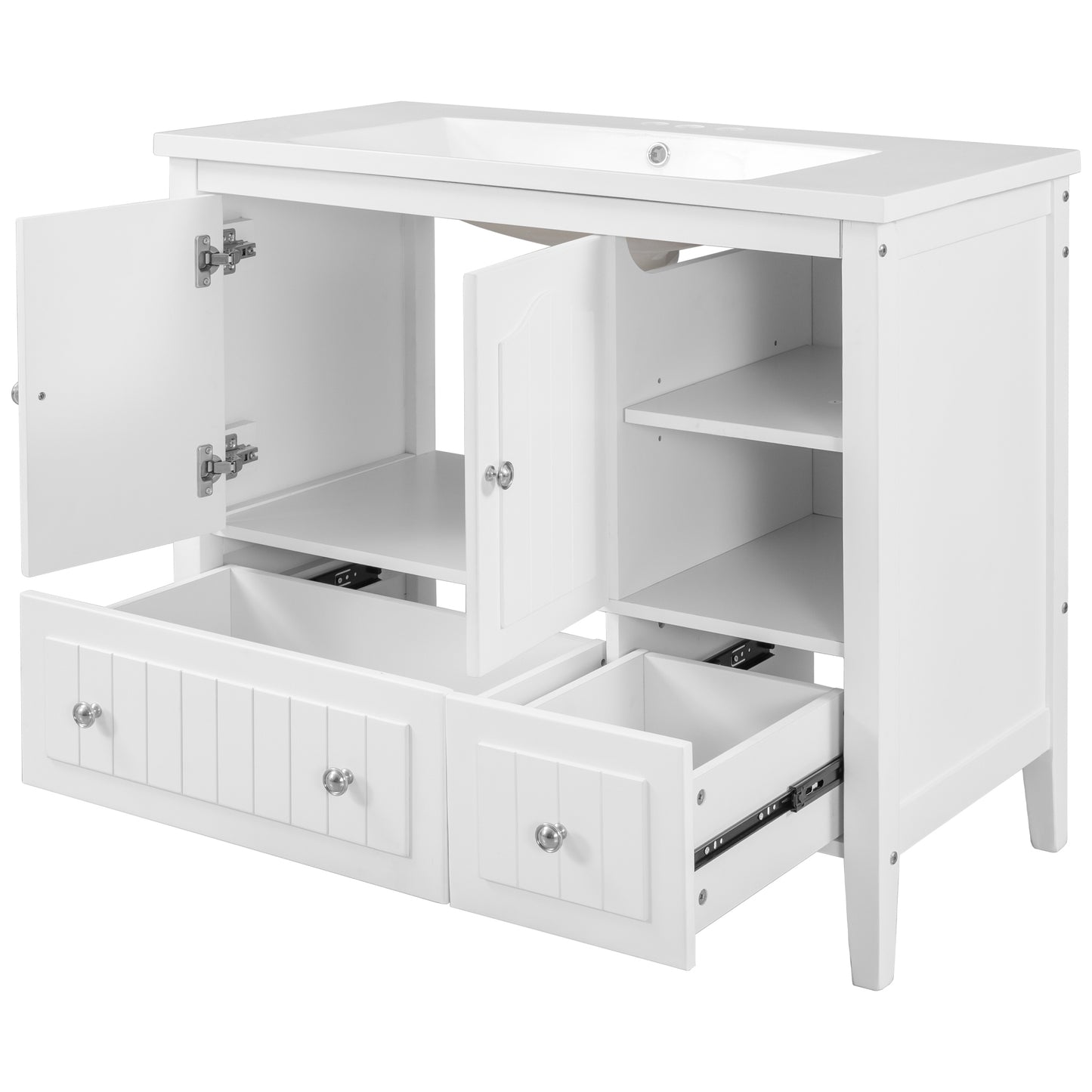 [VIDEO] 36" Bathroom Vanity with Ceramic Basin, Bathroom Storage Cabinet with Two Doors and Drawers, Solid Frame, Metal Handles, White