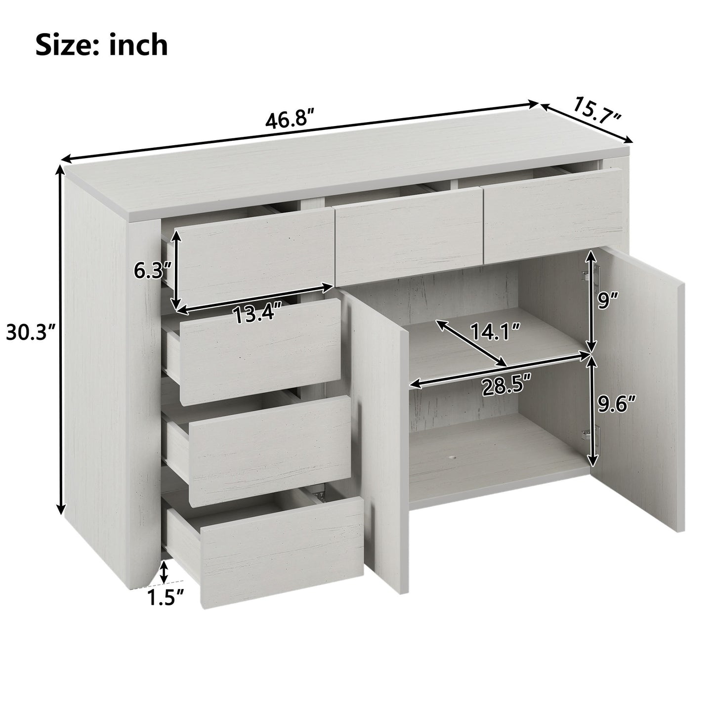 Off White Simple Style Manufacture Wood Dresser with Gray Wood Grain Sticker Surfaces Six Drawers and Two Level Cabinet Large Storage Space for Living Room Bedroom Guest Room Children’s Room