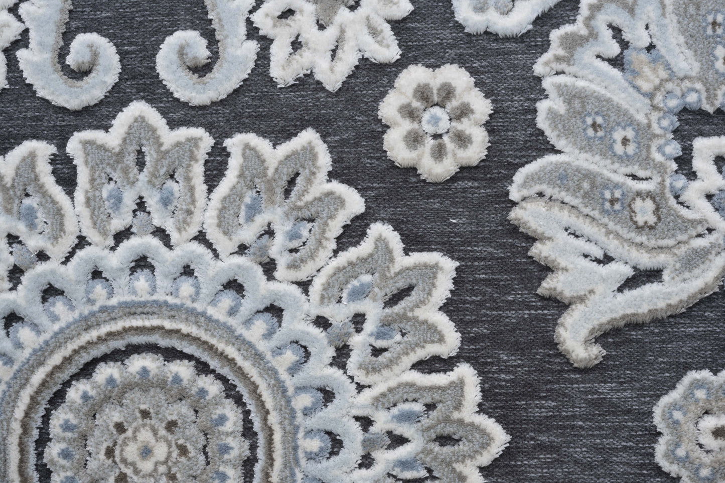 Lily Gray, Ivory, Blue Chenille and Viscose High - Low Area Rug 5x8