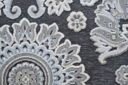 Lily Gray, Ivory, Blue Chenille and Viscose High - Low Area Rug 5x8