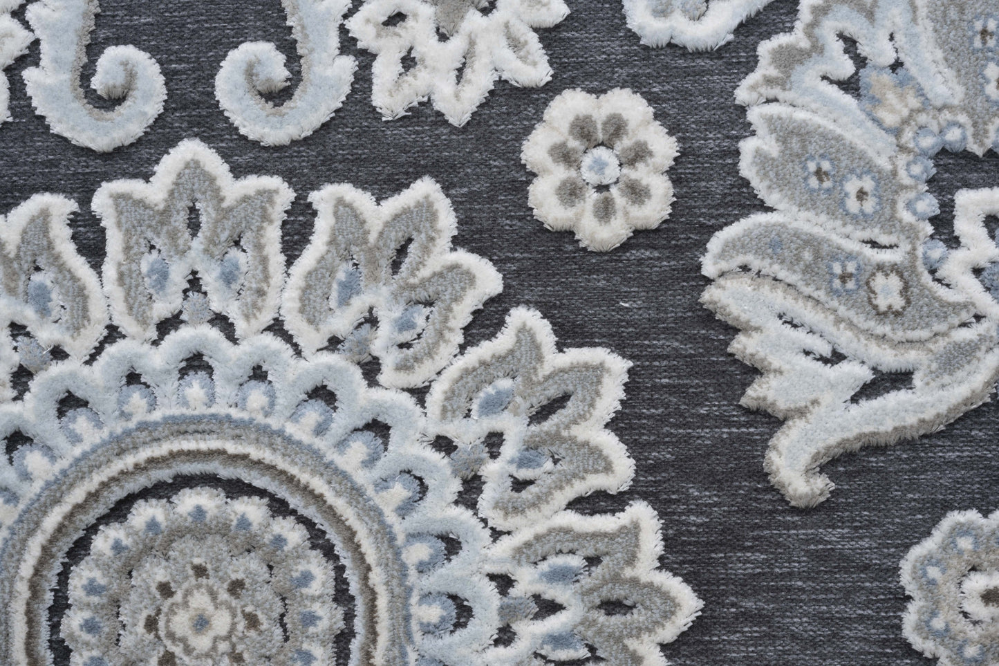 Lily Gray, Ivory, Blue Chenille and Viscose High - Low Area Rug 8x10