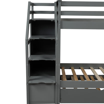 Twin-Over-Twin Bunk Bed with Twin Size Trundle and 3 Storage Stairs (Gray)