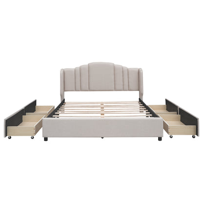 Upholstered Platform Bed with Wingback Headboard and 4 Drawers, No Box Spring Needed, Linen Fabric, Queen Size Beige