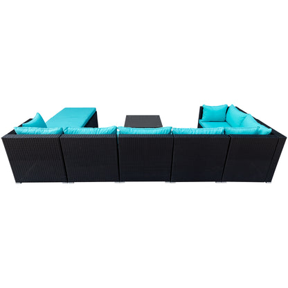 GO 9-piece Outdoor Patio PE Wicker Rattan conversation Sectional Sofa sets with 3 sofa, 3 corner sofa, 2 ottomans, and 1 glass coffee table, removable soft cushions (Black wicker, Blue cushion)