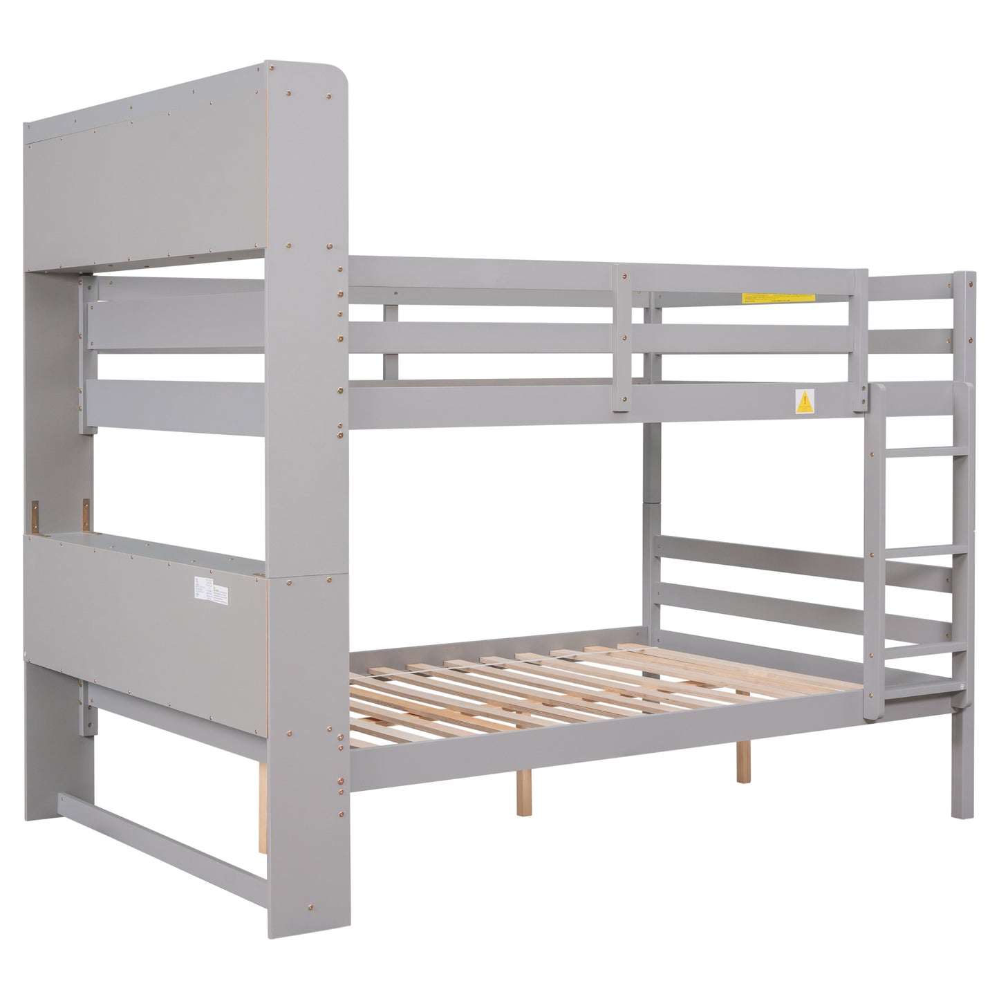 Full Over Full Bunk Beds with Bookcase Headboard, Solid Wood Bed Frame with Safety Rail and Ladder, Kids/Teens Bedroom, Guest Room Furniture, Can Be converted into 2 Beds, Grey