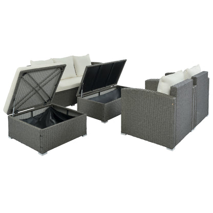 TOPMAX Outdoor Patio 5-Piece All-Weather PE Wicker Rattan Sectional Sofa Set with Multifunctional Table and Ottoman, Gray Wicker+ Beige Cushion