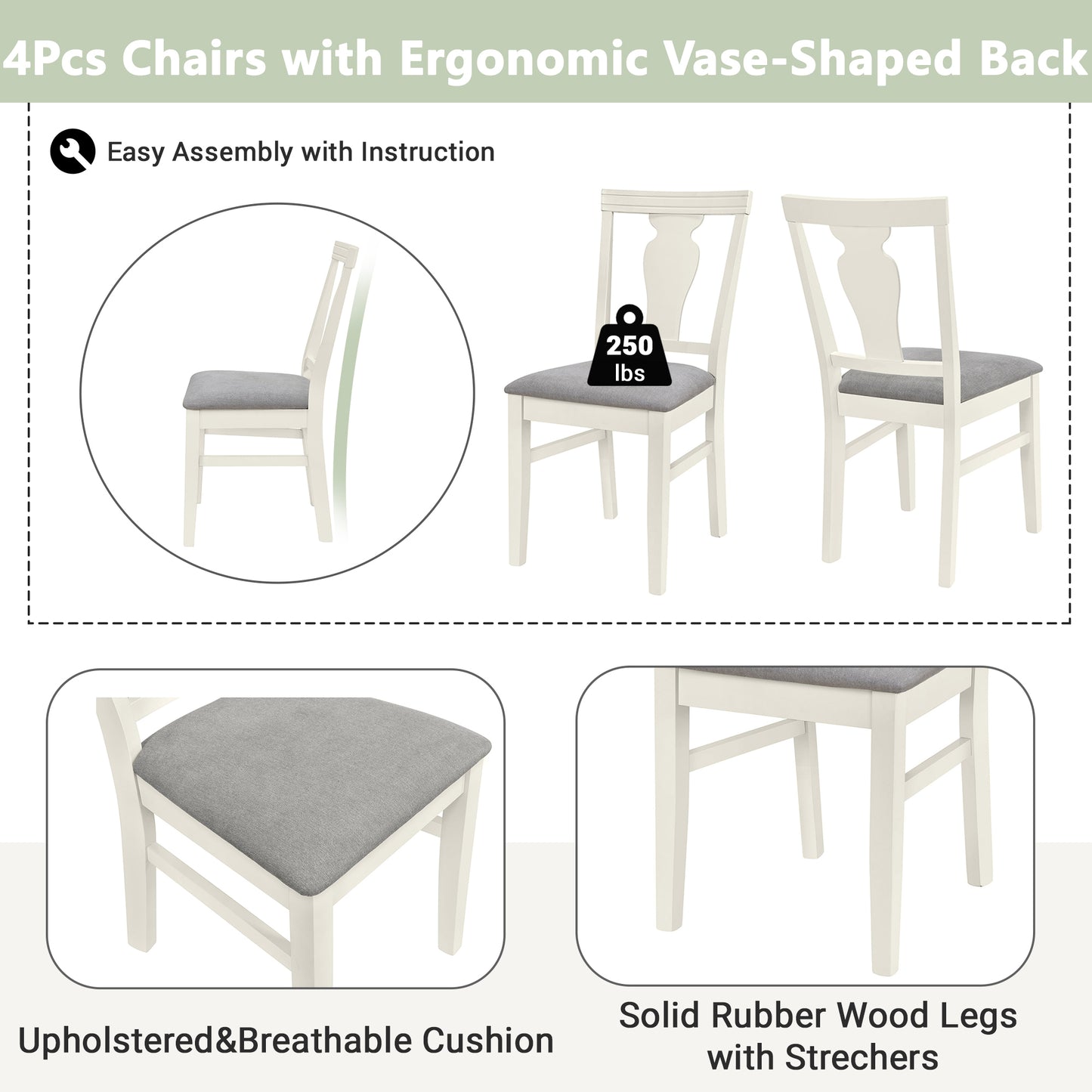 TOPMAX Mid-Century Wood 5-Piece Dining Table Set, Round Kitchen Set with 4 Upholstered Dining Chairs for Small Places, Cream White