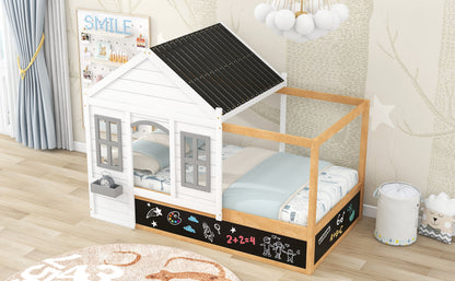 Twin Size House Shaped Canopy Bed with Black Roof and White Window,Blackboard and Little Shelf,White