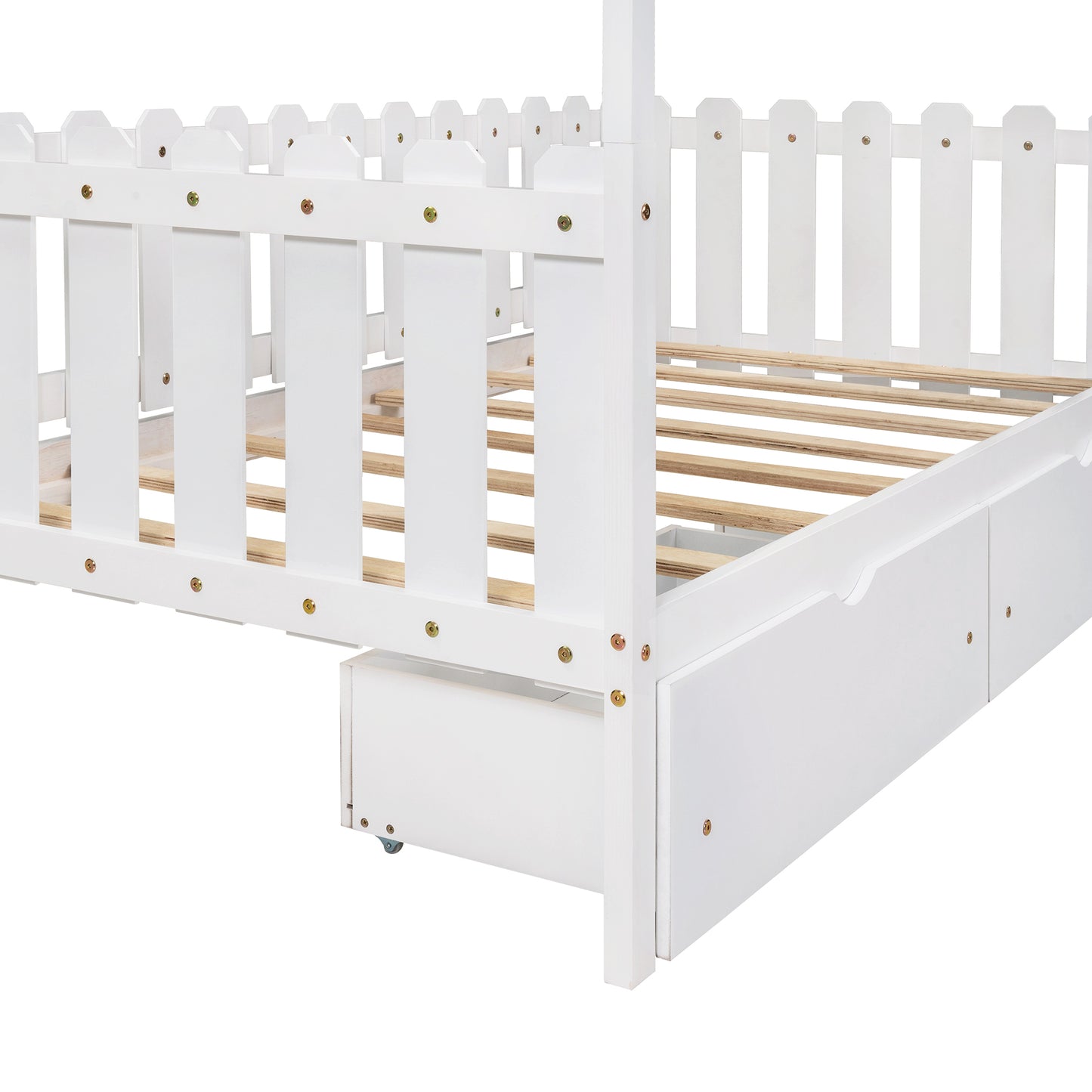 Twin Size House Bed with drawers, Fence-shaped Guardrail, White