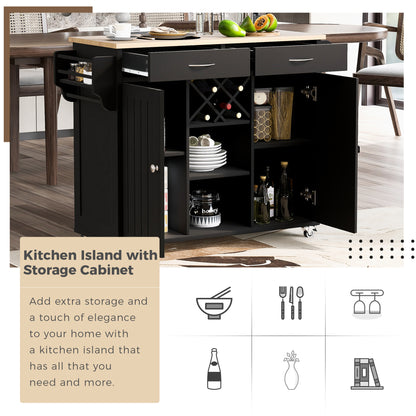 K&K Store Kitchen Island Cart with Two Storage Cabinets and Four Locking Wheels，Wine Rack, Two Drawers,Spice Rack, Towel Rack （Black）