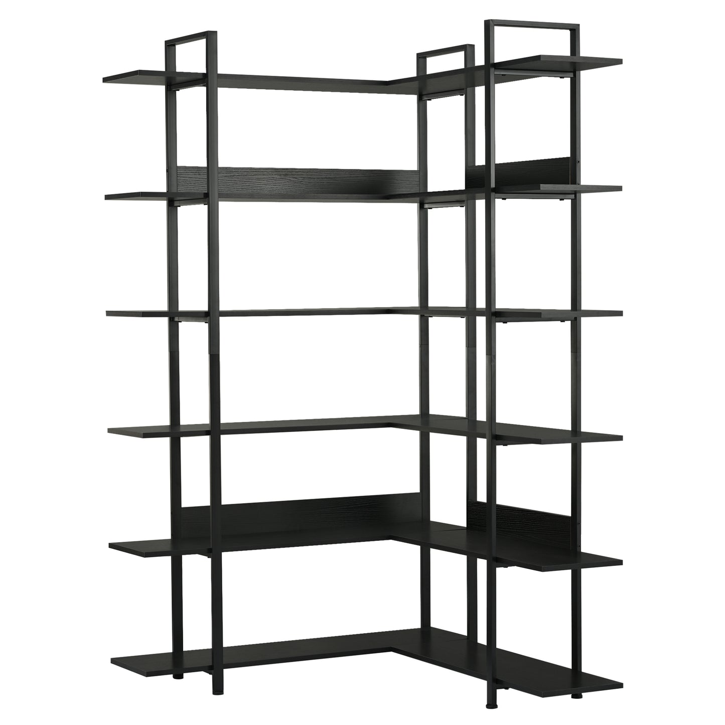 74.8 Inch Bookshelf L-shape MDF Boards Stainless Steel Frame Corner 6-tier Shelves Adjustable Foot Pads, Black