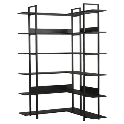 74.8 Inch Bookshelf L-shape MDF Boards Stainless Steel Frame Corner 6-tier Shelves Adjustable Foot Pads, Black