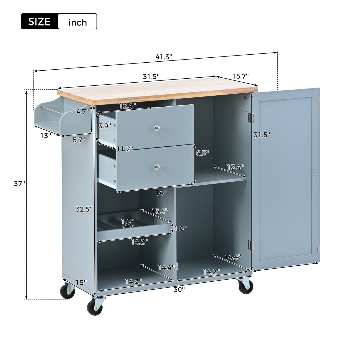 K&K Store Kitchen Cart with Spice Rack ,Towel Rack & Two Drawers,Rubber wood top,Kitchen Island with 4 Wheels for Dining Rooms Kitchens Living Rooms, Grey Blue