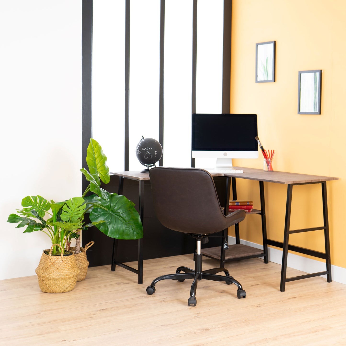 43.5"W X 27.6" D L-Shaped Corner Computer Desk with Open Shelves, Vintage Brown