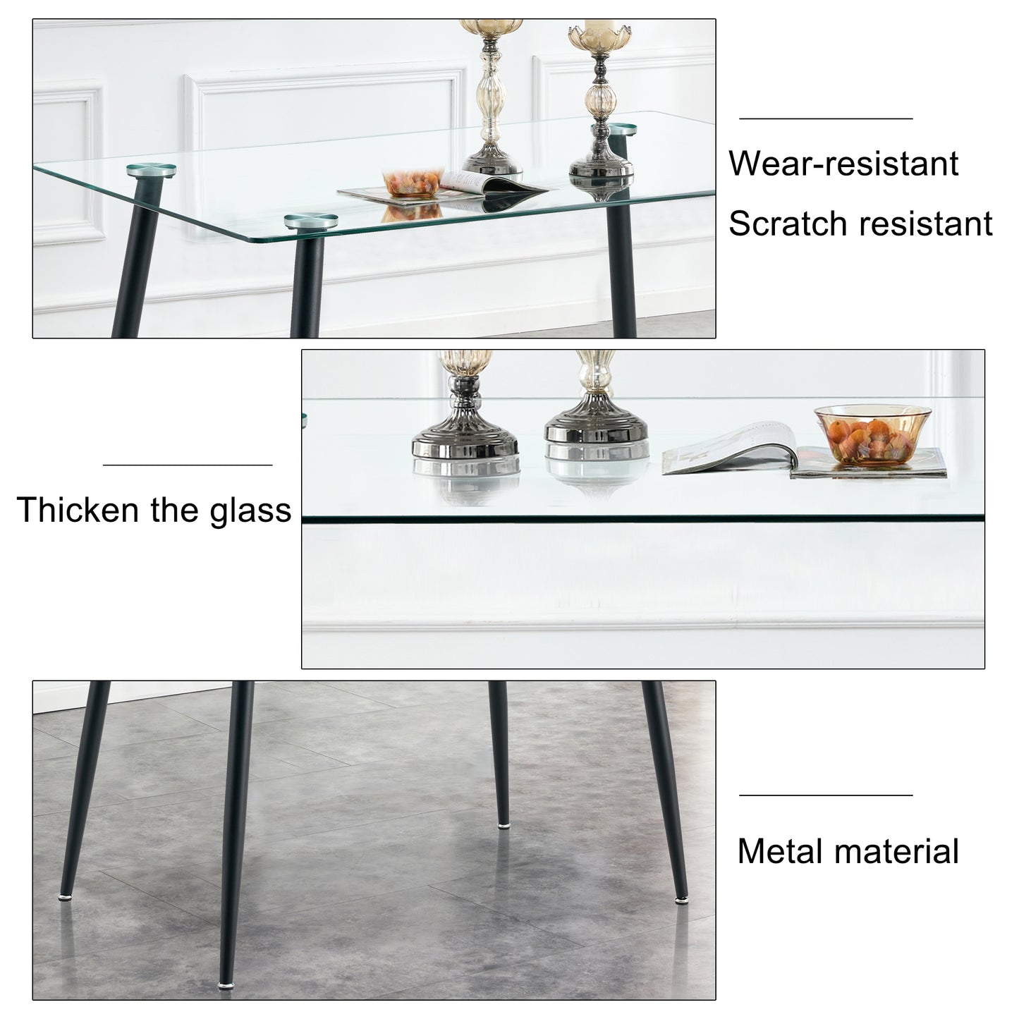 Modern Minimalist Rectangular Glass Dining Table for 4-6 with 0.31" Tempered Glass Tabletop and Black Coating Metal Legs, Writing Table Desk, for Kitchen Dining Living Room, 47" W x 31"D x 30" H