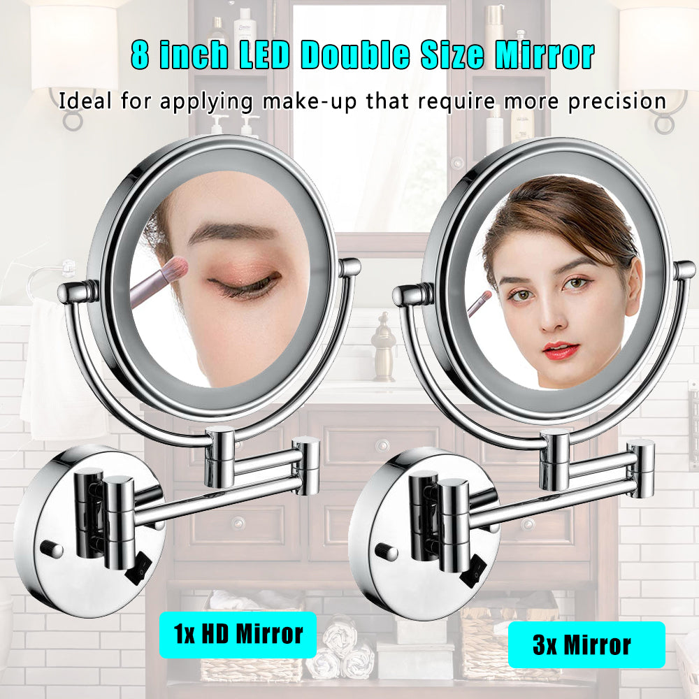 8 Inch LED Wall Mount Two-Sided Magnifying Makeup Vanity Mirror 12 Inch Extension Matte Black 1X/3X Magnification Plug 360 Degree Rotation Waterproof Button Shaving Mirror