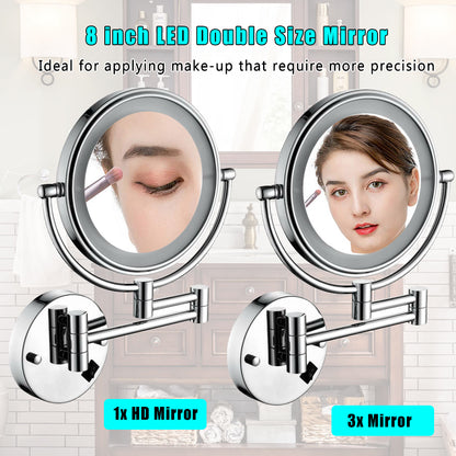 8 Inch LED Wall Mount Two-Sided Magnifying Makeup Vanity Mirror 12 Inch Extension Matte Black 1X/3X Magnification Plug 360 Degree Rotation Waterproof Button Shaving Mirror