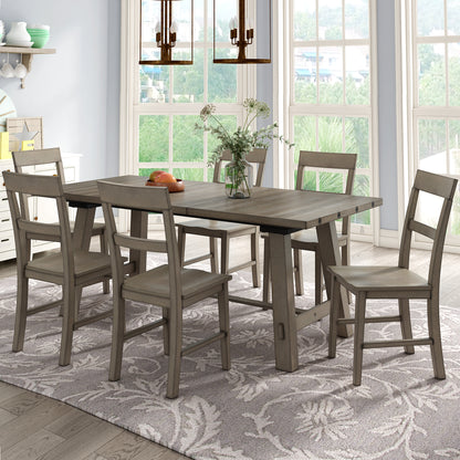 TREXM Retro Industrial Style 7-Piece Dining Table Set Extendable Table with 18” Leaf and Six Wood Chairs 
(Gray)