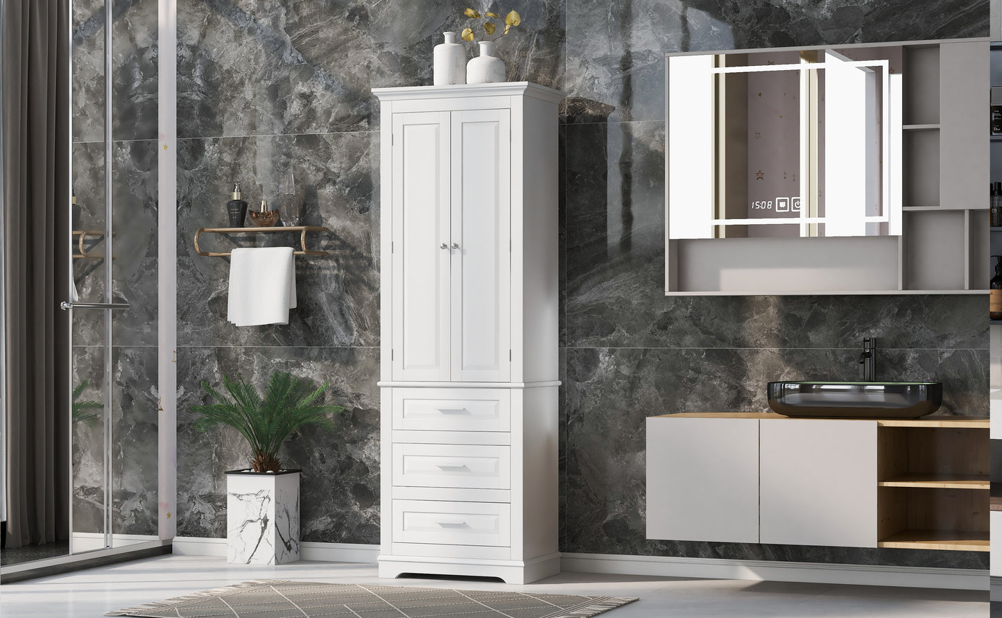 Tall Storage Cabinet with Three Drawers for Bathroom/Office, White