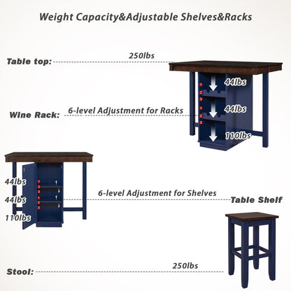 TOPMAX Farmhouse 5-pieces Counter Height Dining Sets, Square Wood Table with 3-Tier Adjustable Storage Shelves and Wine Racks for Small Spaces, Set of 4 Stools, Brown and Blue