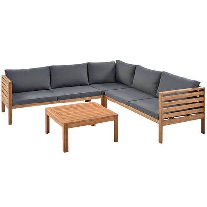 GO Wood Structure Outdoor Sofa Set with gray Cushions Exotic design Water-resistant and UV Protected texture Two-person Sofa One Corner Sofa plus One Coffee Table Strong Metal Accessories