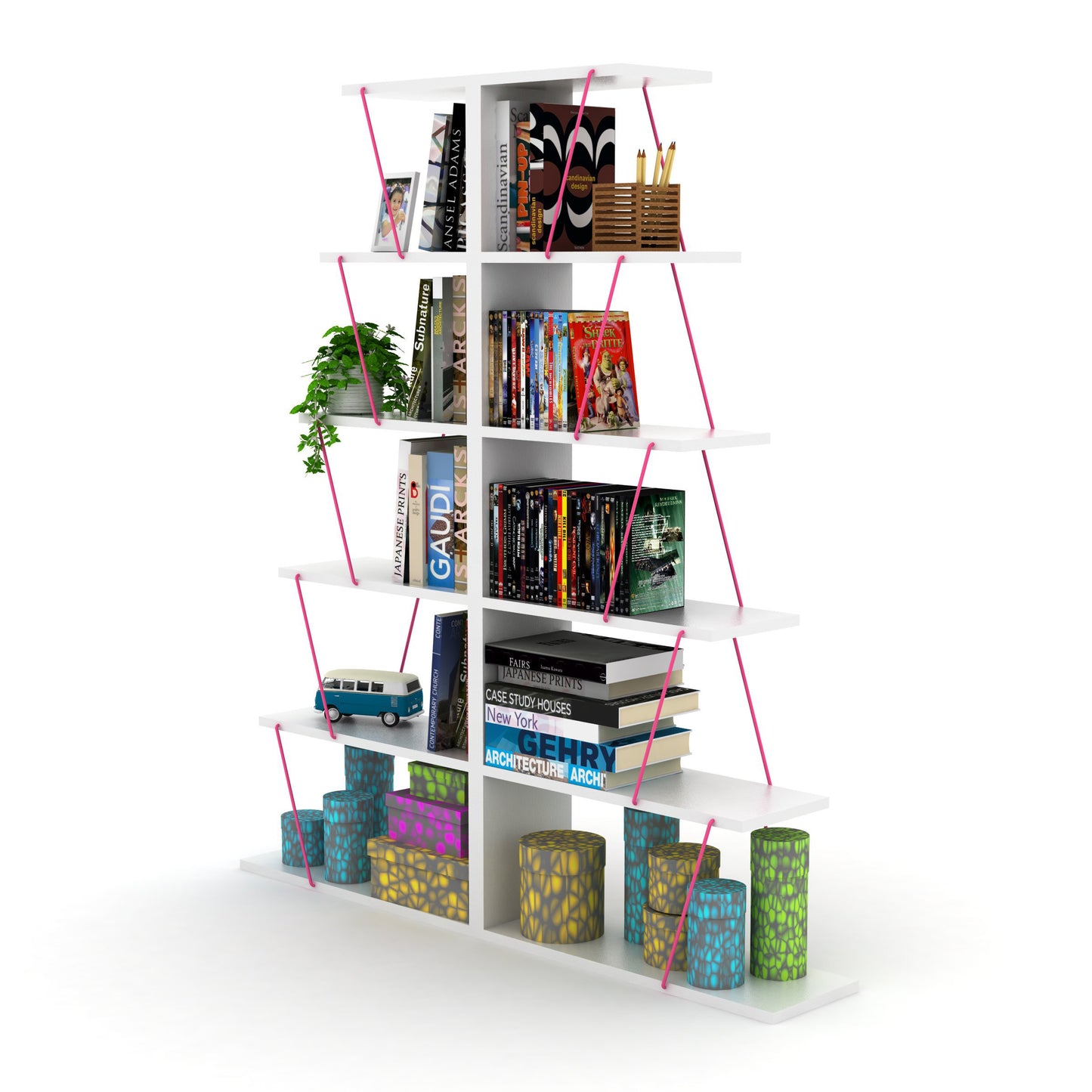 Furnish Home Store Modern 5 Tier Ladder Bookshelf Organizers, Narrow Bookshelf for Small Spaces Office Furniture Bookcase ,White/Pink