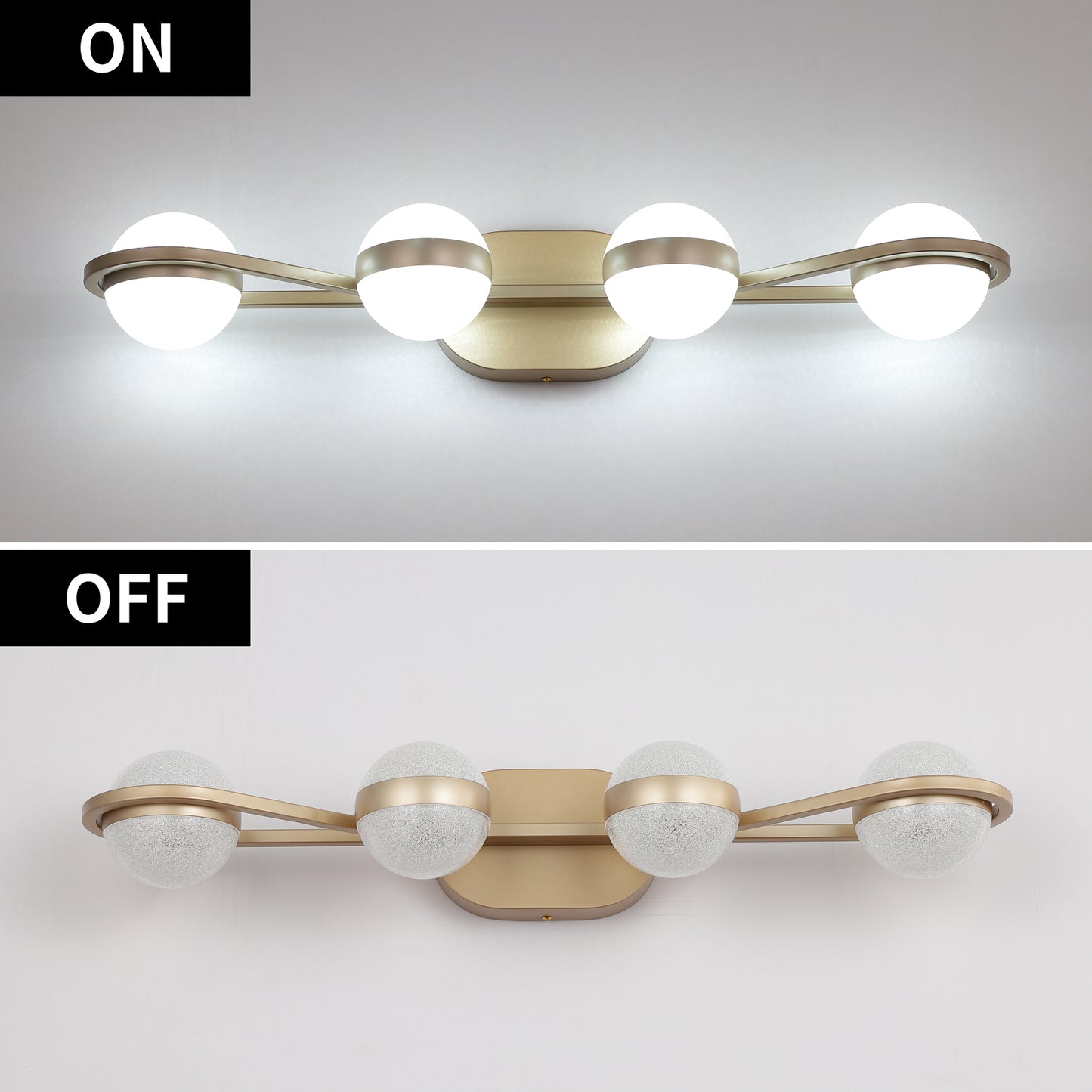 LED Bathroom Vanity Lights Fixtures, 4-Lights Brushed Brass  Globe Glass Shade Over Mirror