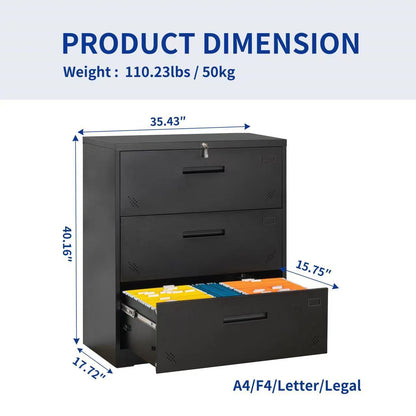 3 Drawer Lateral Filing Cabinet for Legal/Letter A4 Size, Large Deep Drawers Locked by Keys, Locking Wide File Cabinet for Home Office, Metal Steel