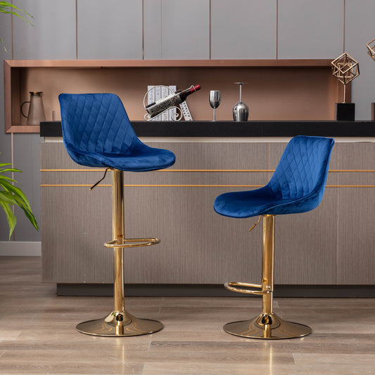 Set of 2  Bar Stools,with Chrome Footrest and Base Swivel Height Adjustable Mechanical Lifting Velvet + Golden Leg Simple Bar Stool-blue