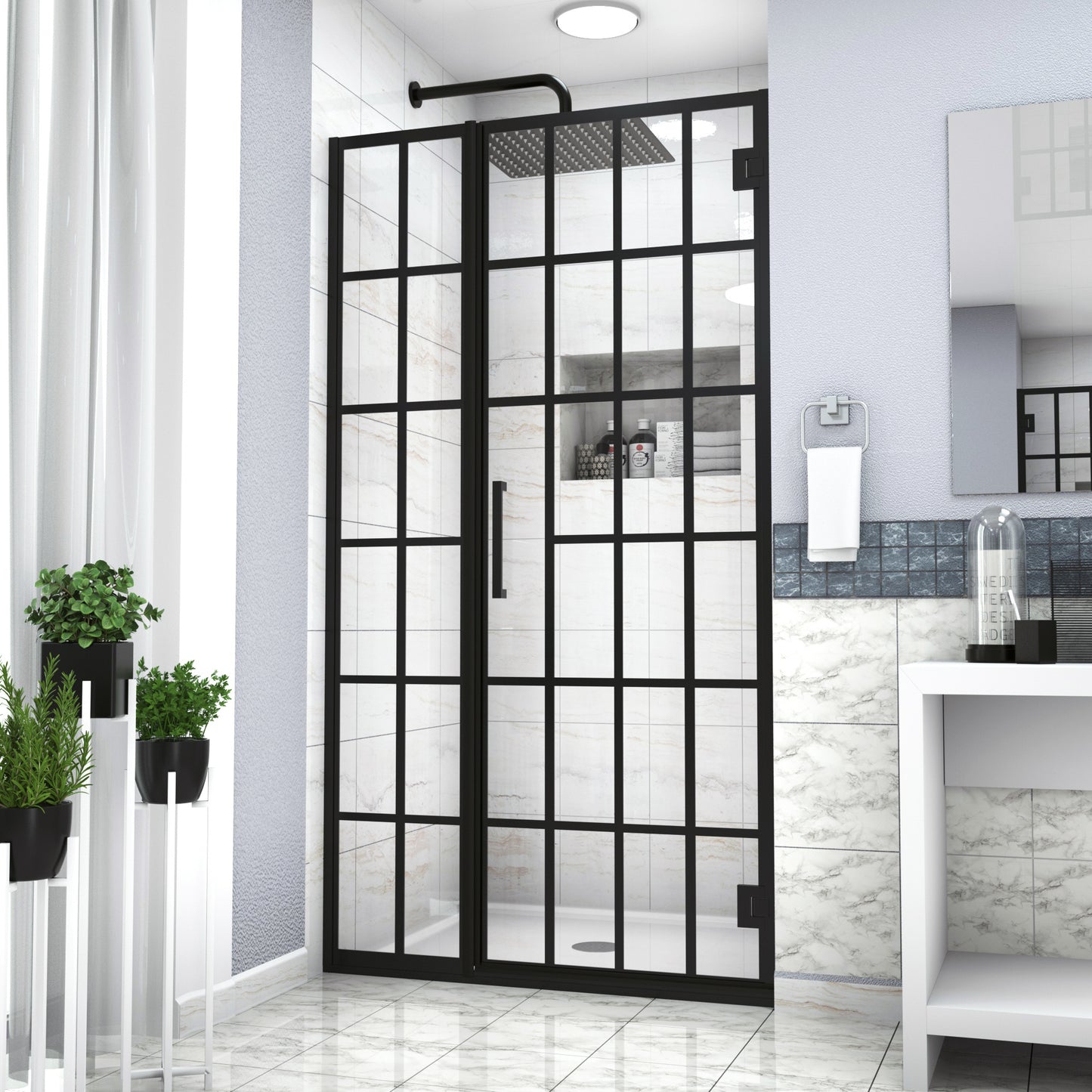 Shower Door 34" W x 72" H Single Panel Frameless Fixed Shower Door, Open Entry Design in Matte Black