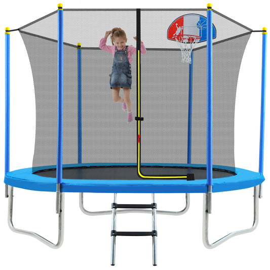 8FT Trampoline for Kids with Safety Enclosure Net, Basketball Hoop and Ladder, Easy Assembly Round Outdoor Recreational Trampoline