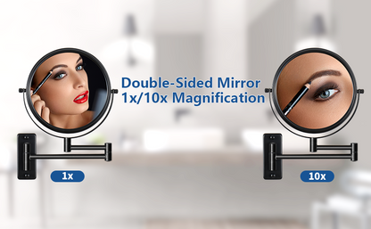 8-inch Wall Mounted Makeup Vanity Mirror, 1X / 10X Magnification Mirror, 360° Swivel with Extension Arm (Black)