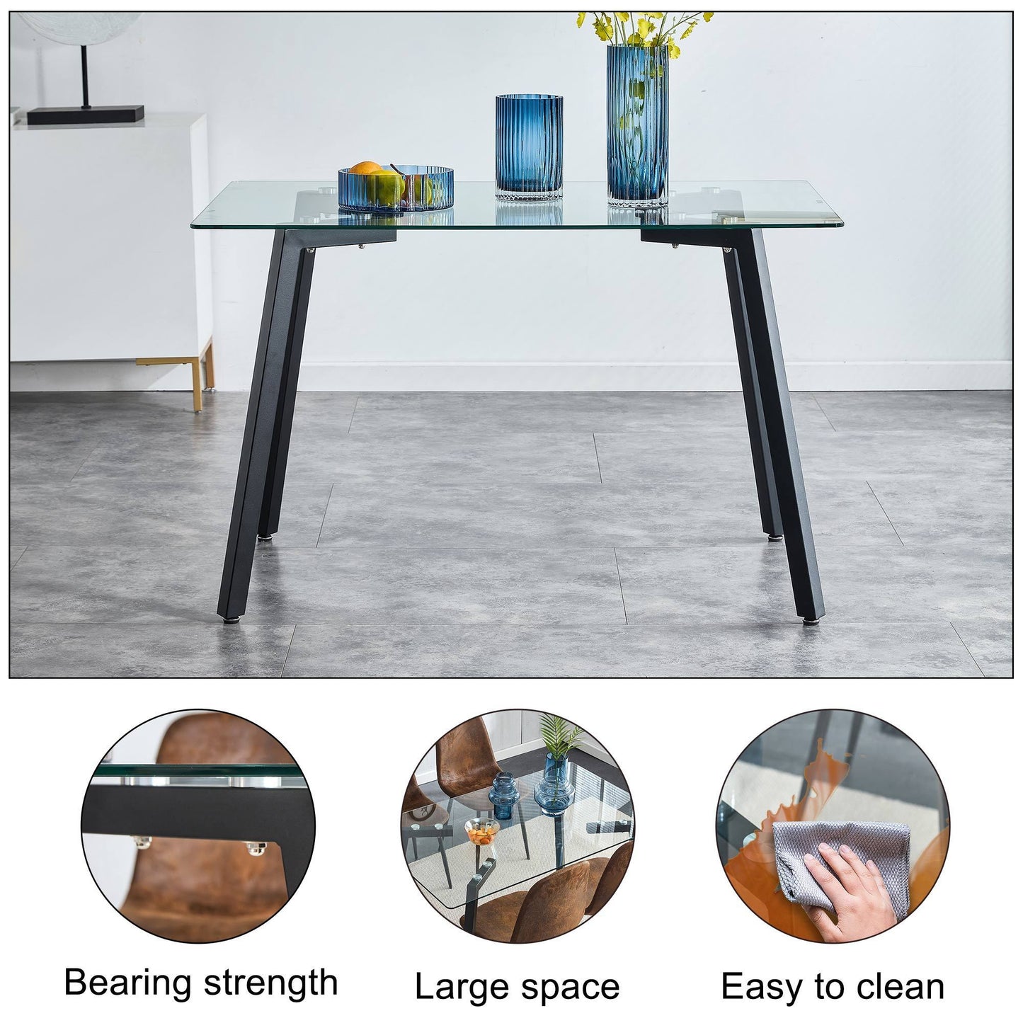 Modern Minimalist Rectangular Glass Dining Table for 4-6 with 0.31" Tempered Glass Tabletop and Black Coating Metal Legs, Writing Table Desk, for Kitchen Dining Living Room, 47" W x 30"D x 30" H