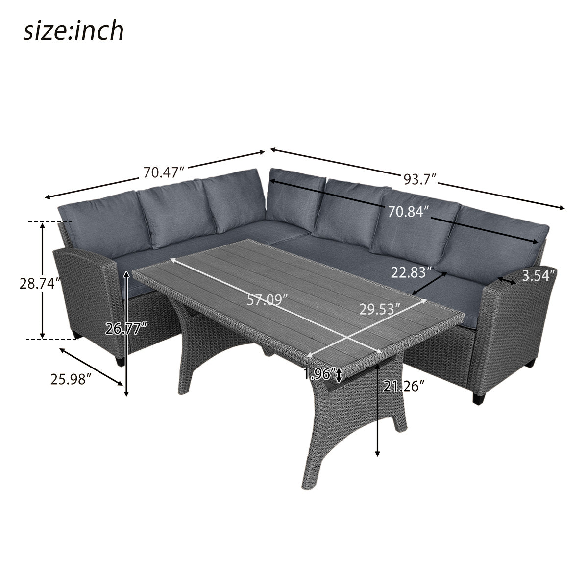 TOPMAX Patio Outdoor Furniture PE Rattan Wicker Conversation Set All-Weather Sectional Sofa Set with Table & Soft Cushions (Grey)