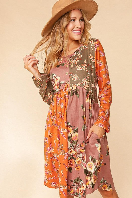 BUTTON DOWN FLORAL COLOR BLOCK MIDI DRESS