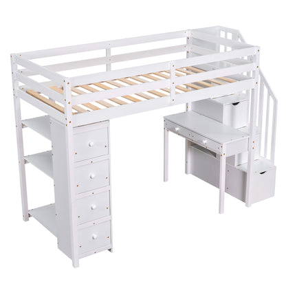 Twin size Loft Bed with Storage Drawers ,Desk and Stairs, Wooden Loft Bed with Shelves - White