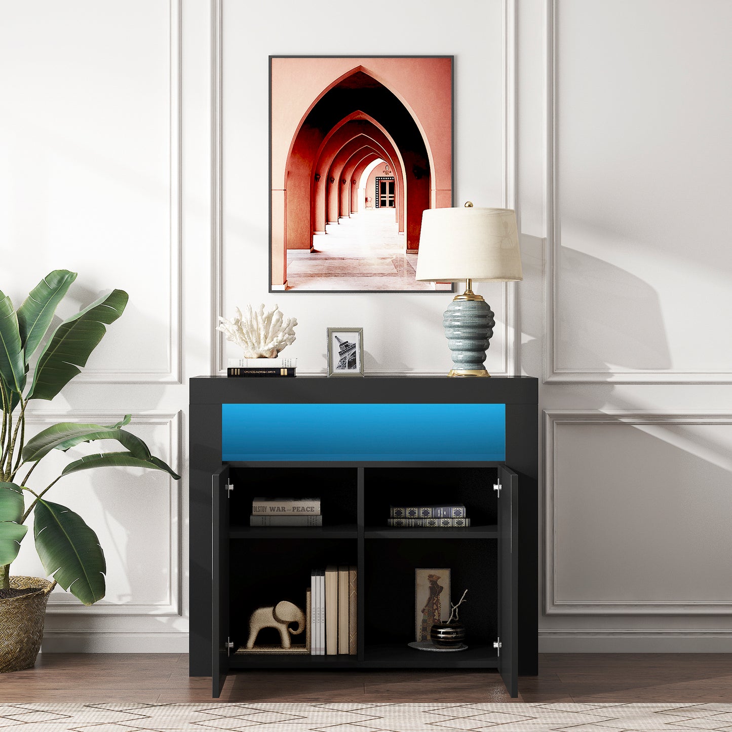 Living Room Sideboard Storage Cabinet Black High Gloss with LED Light, Modern Kitchen Unit Cupboard Buffet Wooden Storage Display Cabinet TV Stand with 2 Doors for Hallway Dining Room