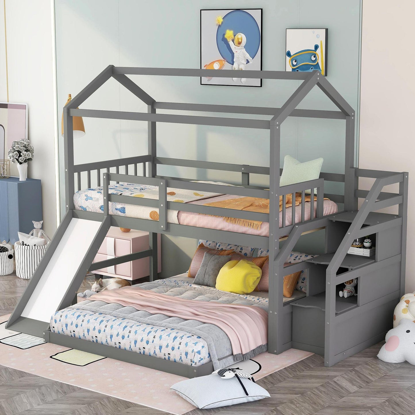 Twin over Full House Bunk Bed with Convertible Slide and Storage Staircase,Full-Length Guardrail,Gray