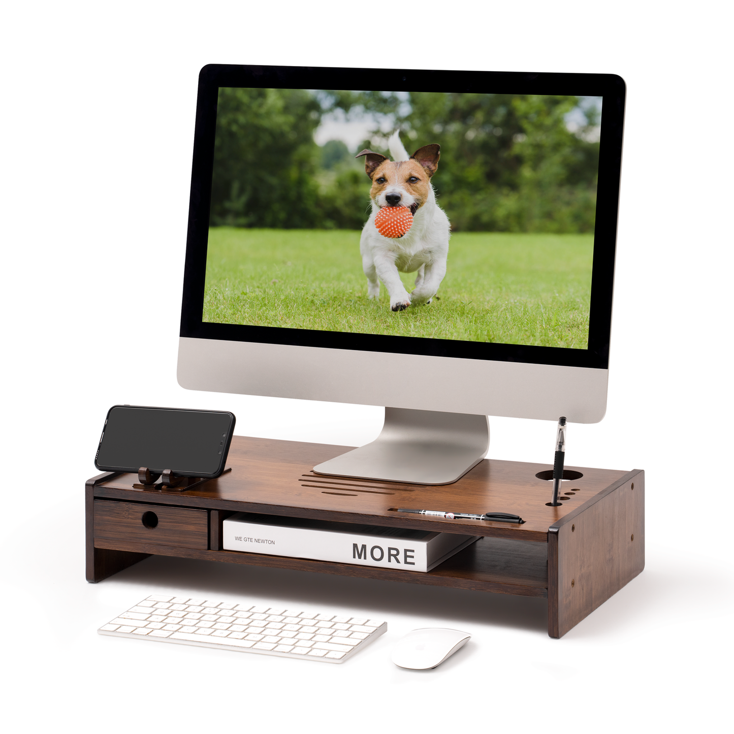 Wood Monitor Stand Riser, Desktop Organizer with One Drawer Storage, Walnut Monitor Stand for Computer Laptop