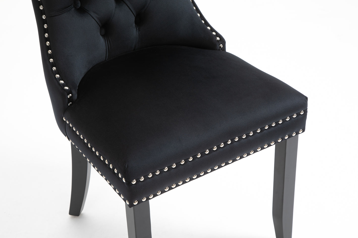 Upholstered Button Tufted Back Black Velvet Dining Chair with Nailhead Trim and Solid Wood Legs 2 Sets