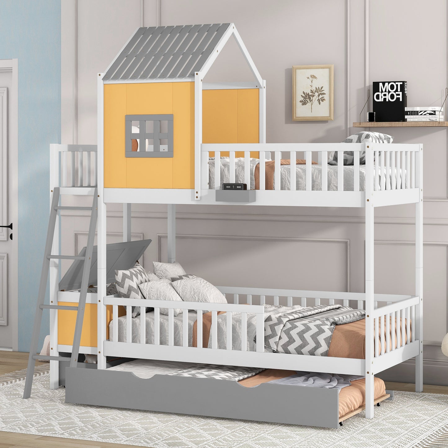 Twin over Twin Bunk Bed with Twin Size Trundle , Farmhouse Bed with Storage Box and Drawer - Yellow