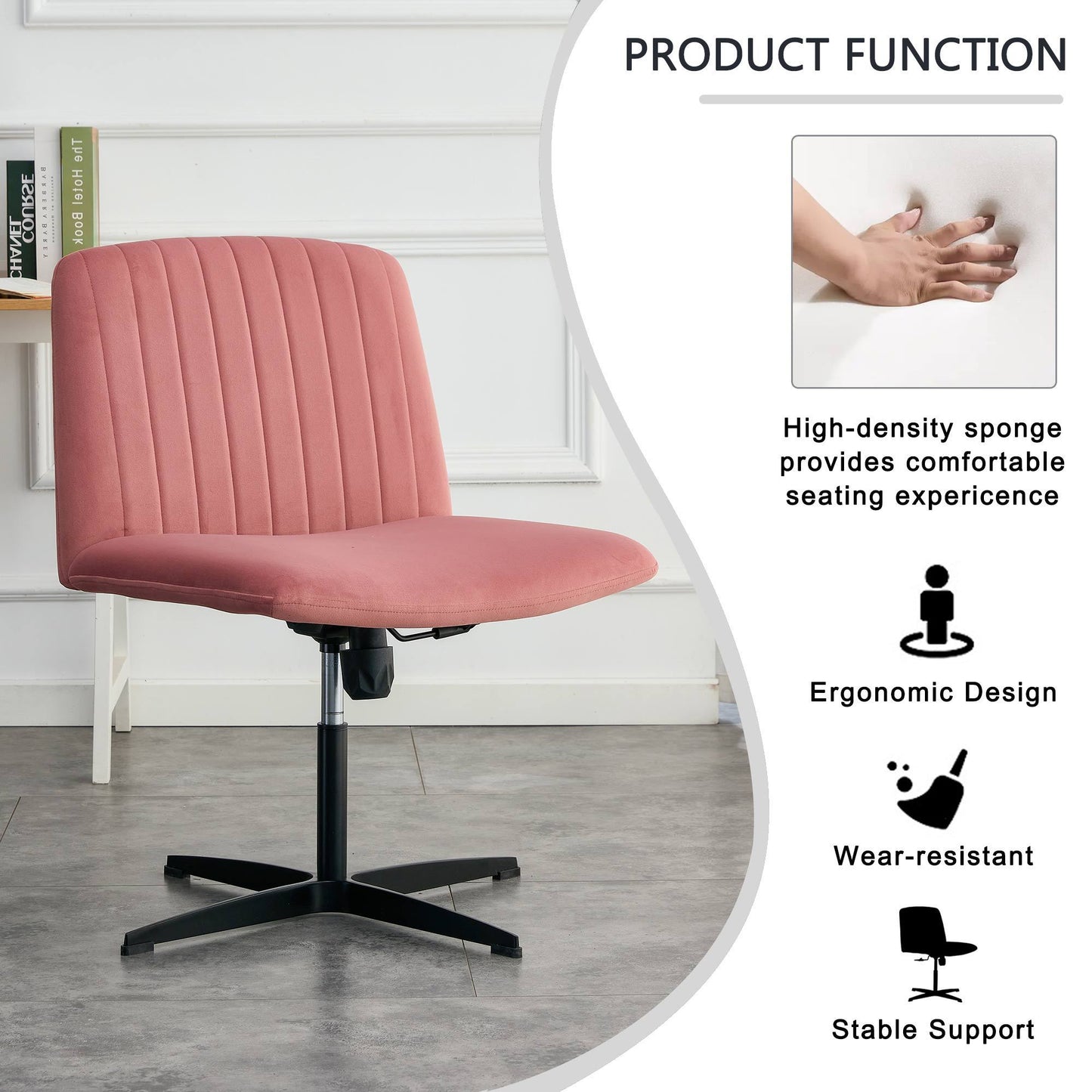 Pink Velvet Material. Home Computer Chair Office Chair Adjustable 360 °Swivel Cushion Chair With Black Foot Swivel Chair Makeup Chair Study Desk Chair. No Wheels