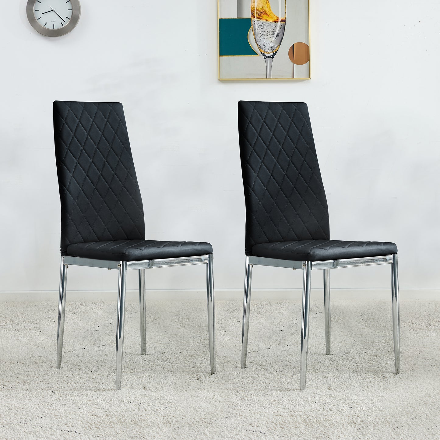 Grid Shaped Armless High Back Dining Chair,2-Piece Set, Office Chair. Applicable to Dining Room, Living Room, Kitchen and Office.Black Chair and Electroplated Metal Leg