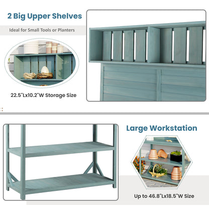 TOPMAX 65" Large Wooden Farmhouse Rustic Outdoor Potting Bench Table, Patio Workstation, Garden Potting Bench with 4 Storage Shelves and Side Hook,Green