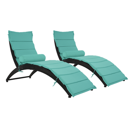 GO Patio Wicker Sun Lounger, PE Rattan Foldable Chaise Lounger with Removable Cushion and Bolster Pillow, Black Wicker and Turquoise Cushion (2 sets)