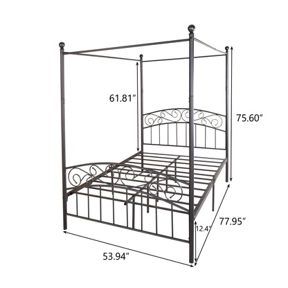 Metal Canopy Bed Frame with Ornate European Style Headboard & Footboard  Perfectly Fits Your Mattress Easy DIY Assembly All Parts Included, Full Black（same as W84034155）