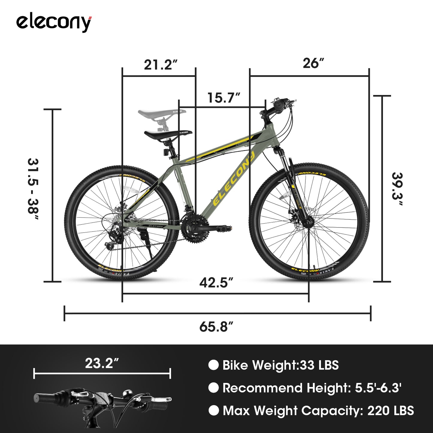 A26141 Elecony 26 inch Aluminum Mountain Bike, Shimano 21 Speed Mountain Bicycle Dual Disc Brakes for Woman Men Adult Mens Womens, Multiple Colors