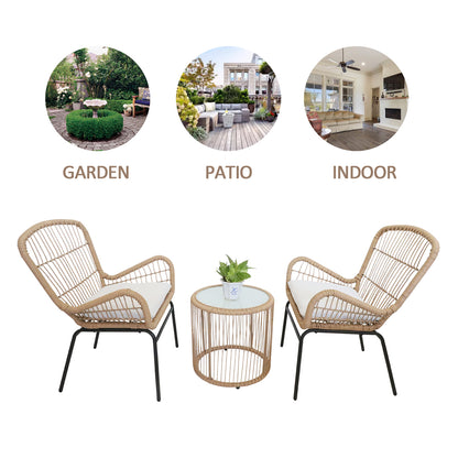 Balcony Furniture, 3 Piece Patio Set, Outdoor Wicker Chairs with Glass Top Table and Soft Cushion, Rattan Front Porch Furniture