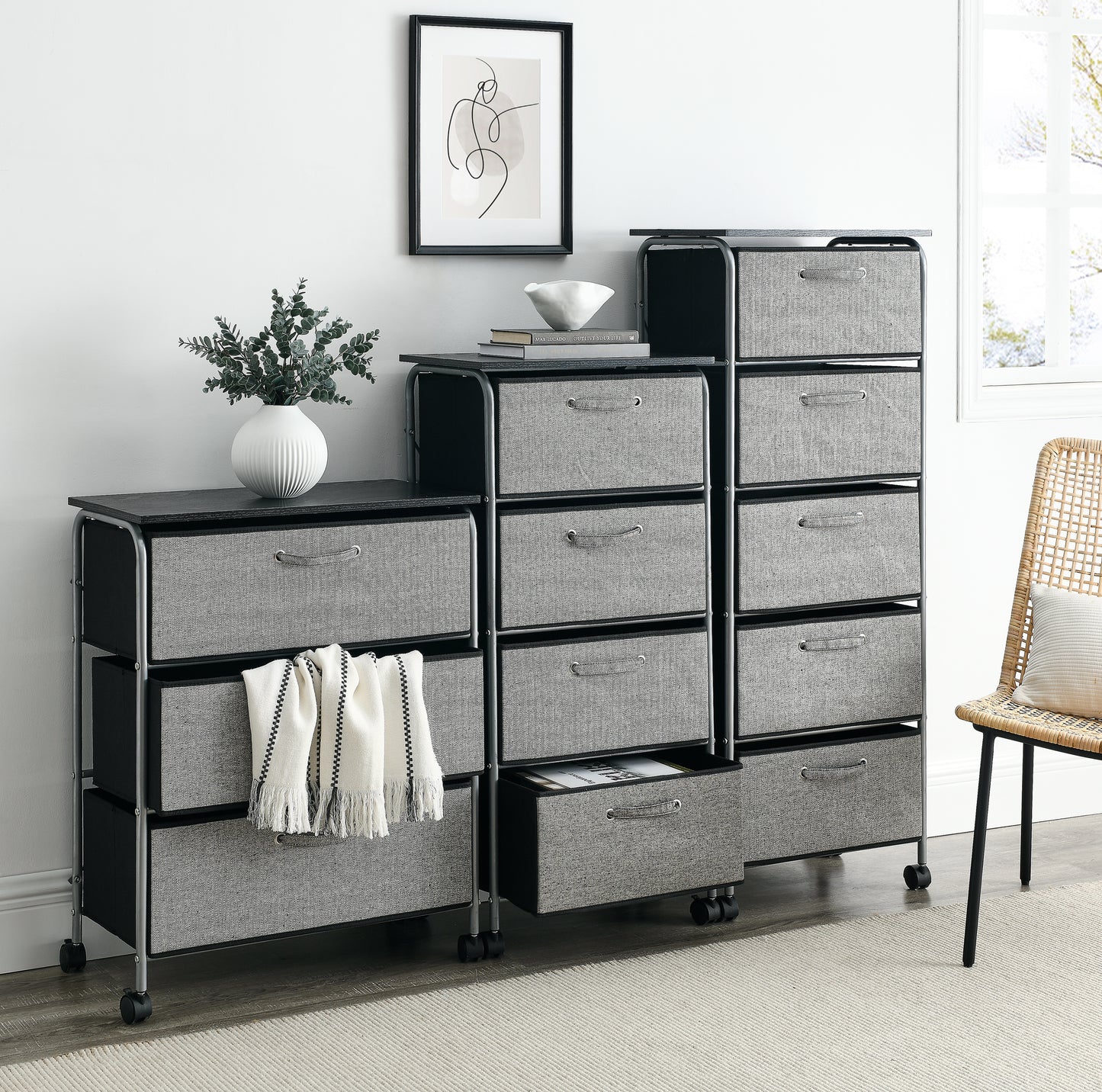 3 Drawers Fabric Dresser Storage Tower Shelves with MDF Top, Organizer Unit for Bedroom, Closet, Entryway, Hallway, Nursery Room, Office Organization, Grey （23.5“x12”x30“）